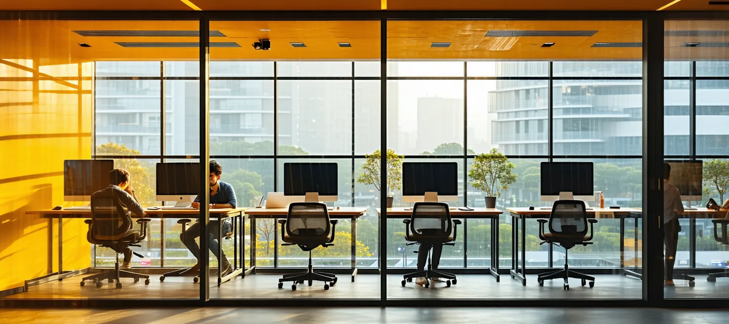 Modern tech office in Gurgaon DLF Cyber City with a small focused startup team working