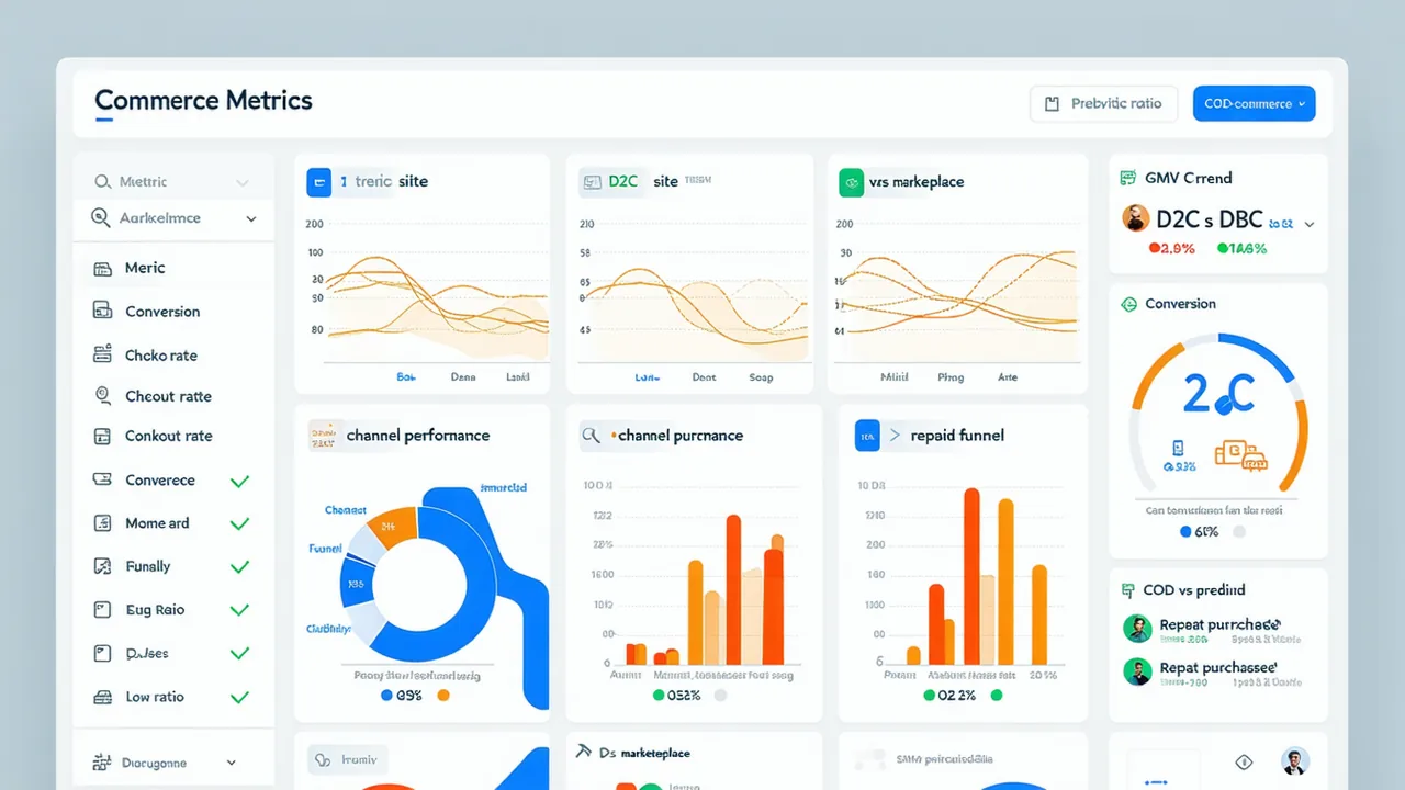 Nitro Commerce analytics dashboard showing D2C conversion metrics, GMV charts, and channel performance breakdown