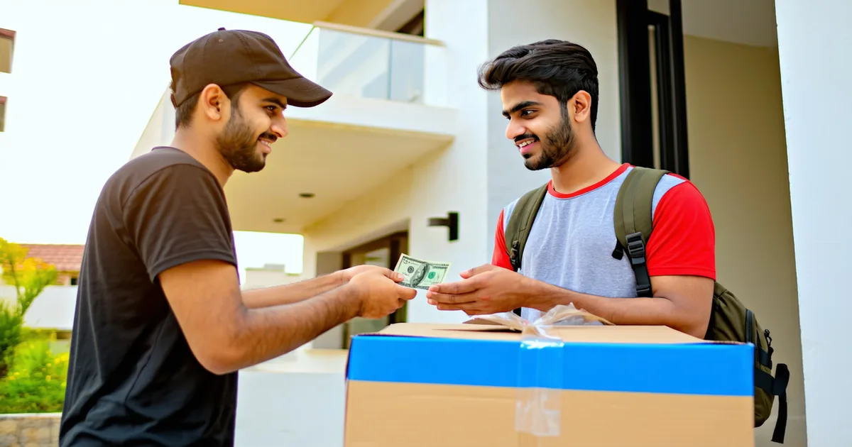 Indian consumer paying cash on delivery to a delivery person in an urban setting