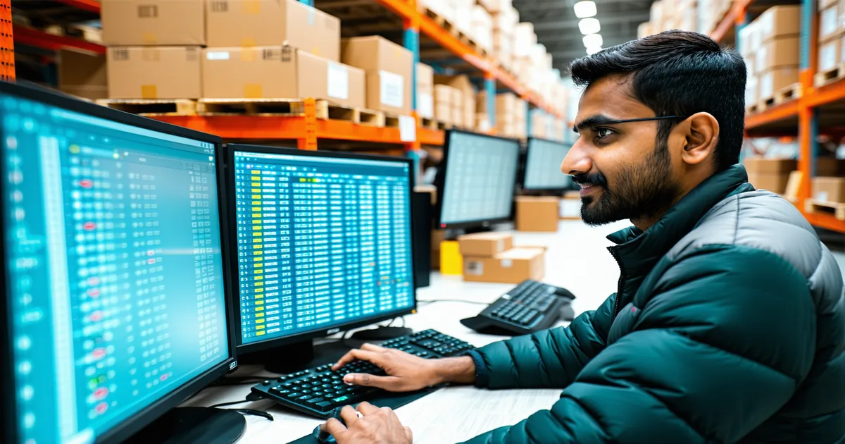 Chaotic warehouse inventory management scene showing multiple screens and fragmented systems