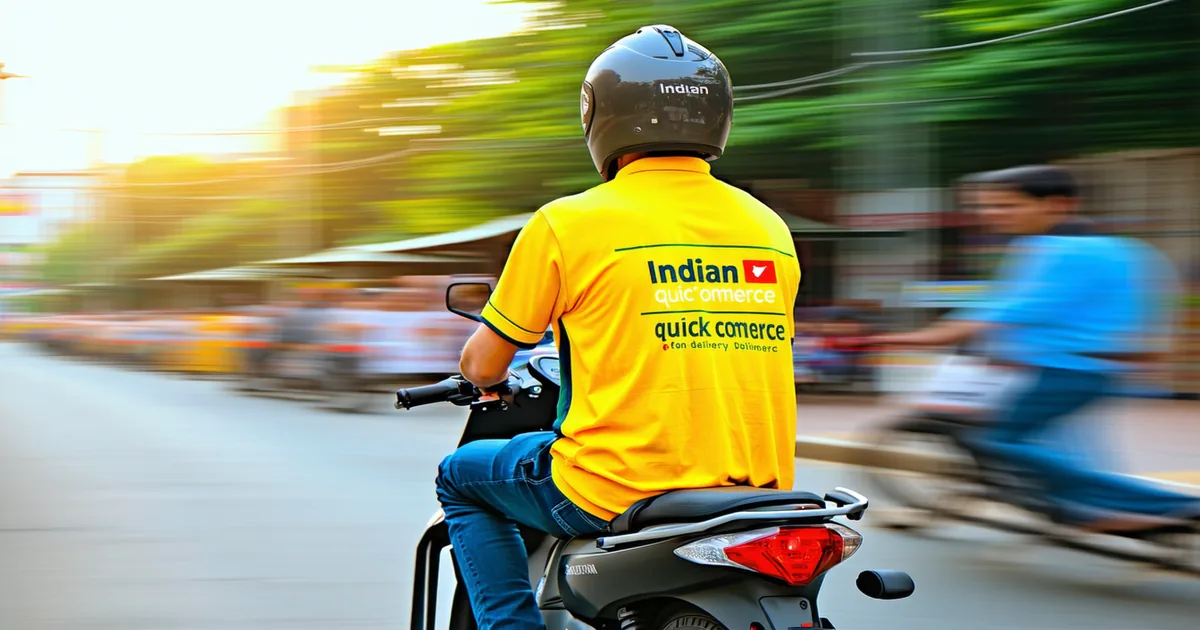 Quick commerce delivery biker in Indian city representing Blinkit and Zepto rapid delivery