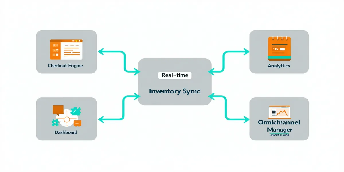 Nitro Commerce platform architecture showing real-time event spine connecting checkout, inventory, analytics, and omnichannel modules